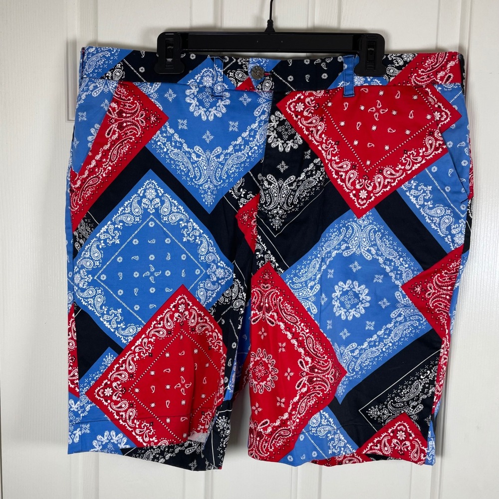 Loudmouth Mens Bandana Patchwork Golf Shorts Red Blue Black Size 40 Paisley EUC
